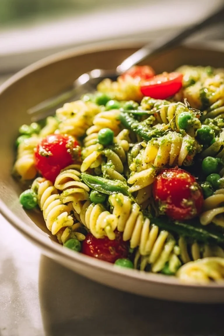 Colorful spring pasta salad with fresh vegetables and herbs