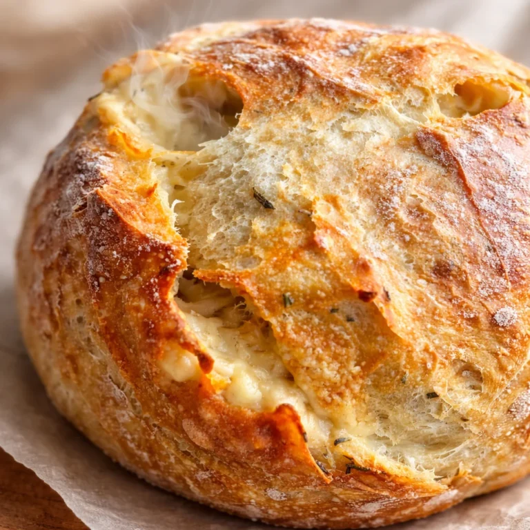 Delicious parmesan garlic artisan bread fresh from the oven with herbs and cheese.
