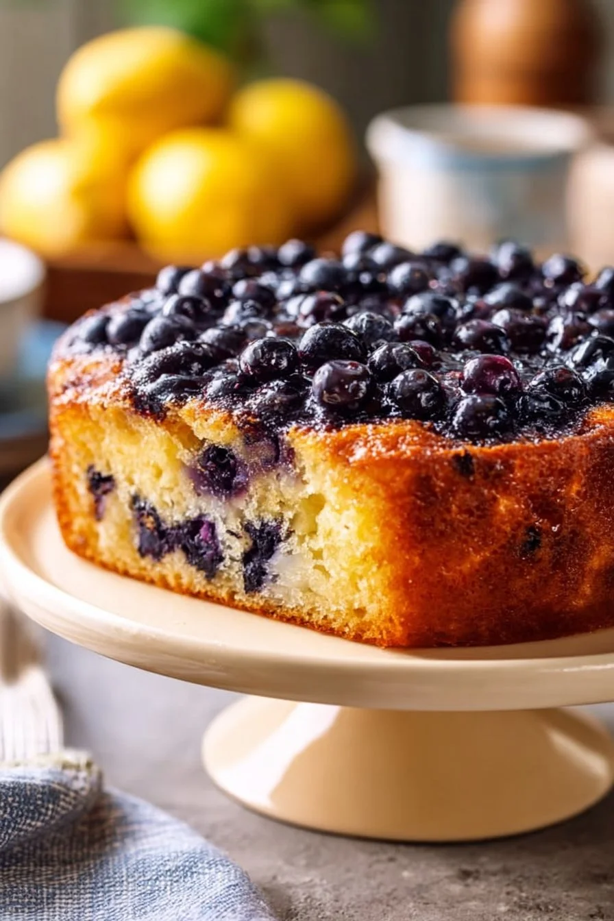 Almond Flour Blueberry Lemon Cake topped with blueberries and lemon zest