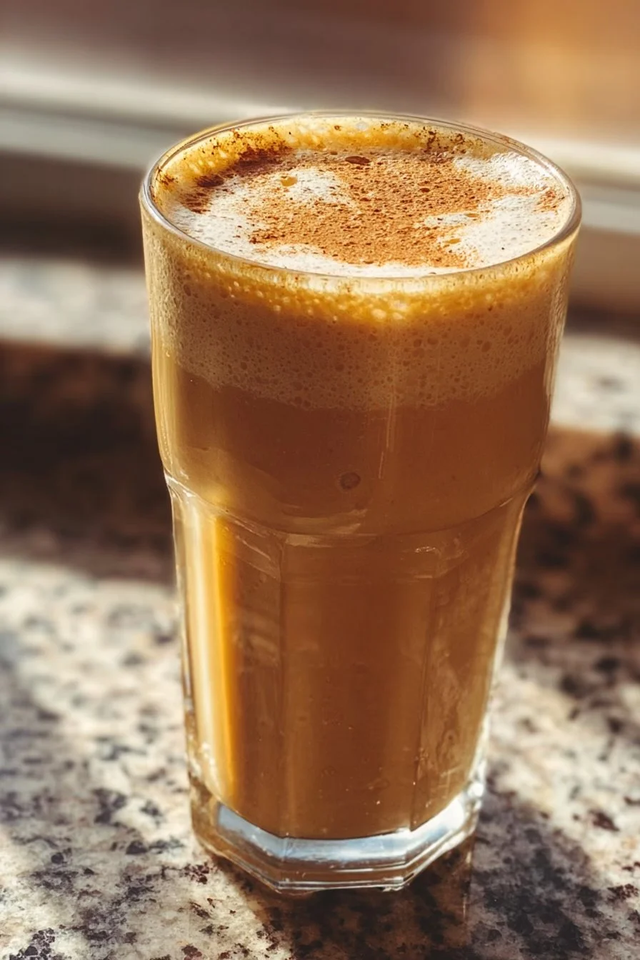 Delicious Banana Coffee Smoothie in a glass with coffee beans and banana slices.