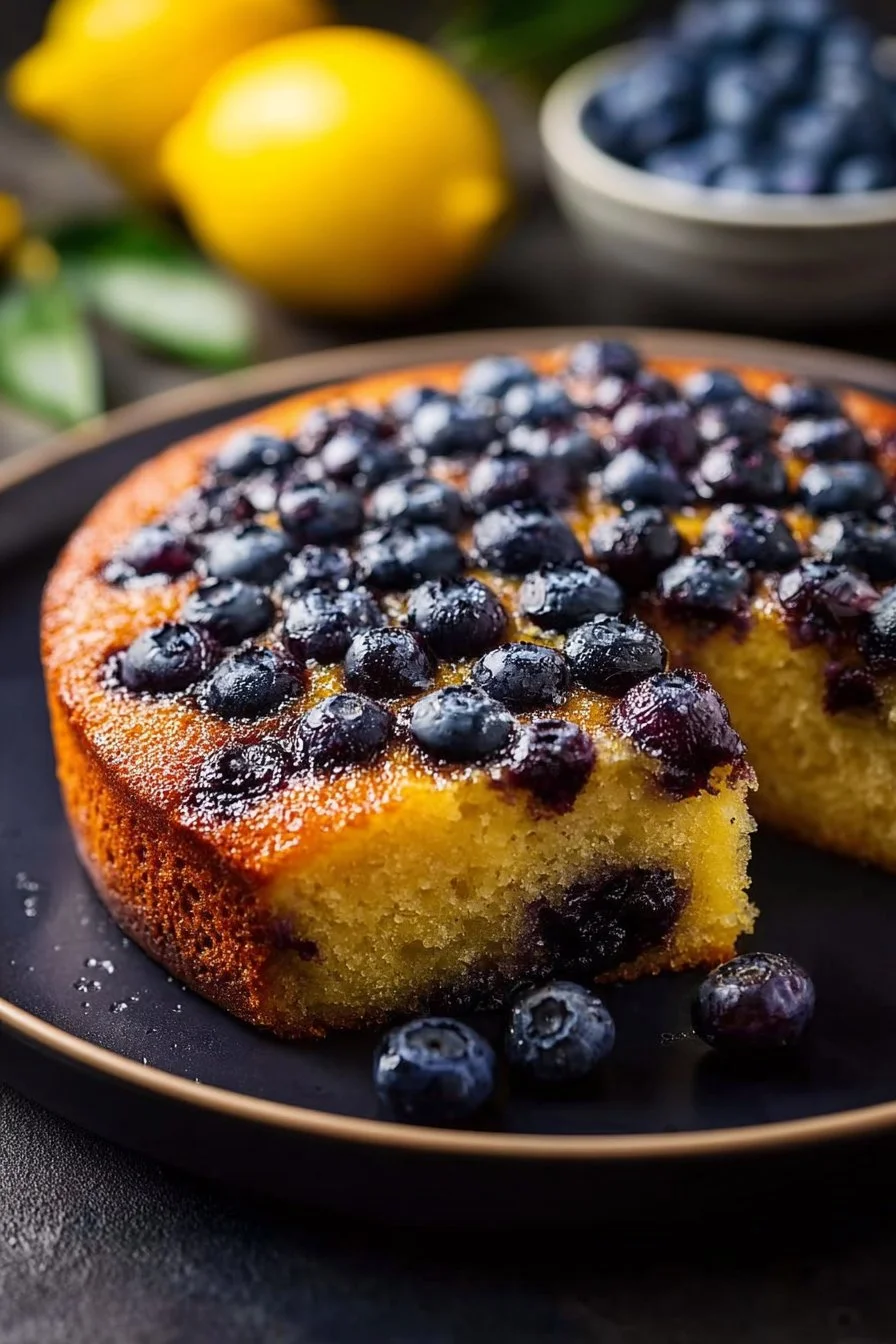 Slice of Best Almond Flour Blueberry Lemon Cake topped with blueberries