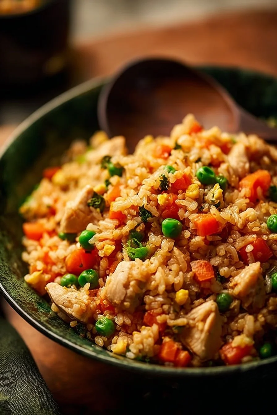 A plate of delicious chicken fried rice with colorful vegetables and herbs