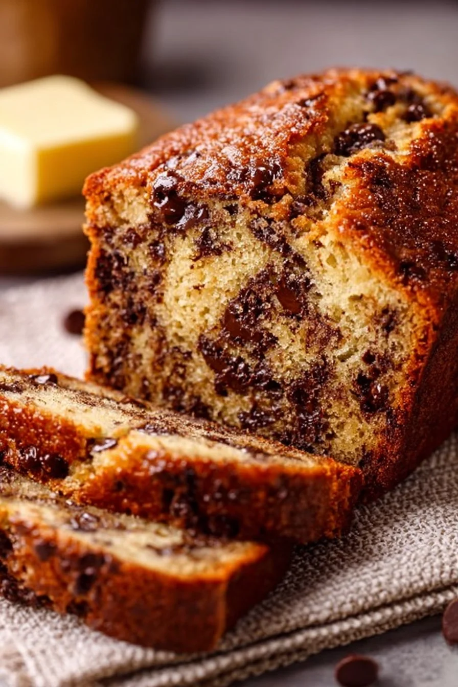 Delicious chocolate chip banana bread freshly baked and sliced