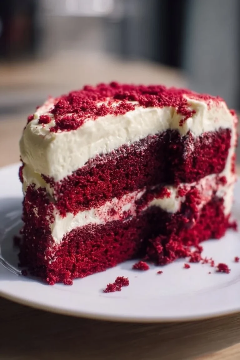 Slice of delicious Blackberry Velvet Cake topped with fresh blackberries