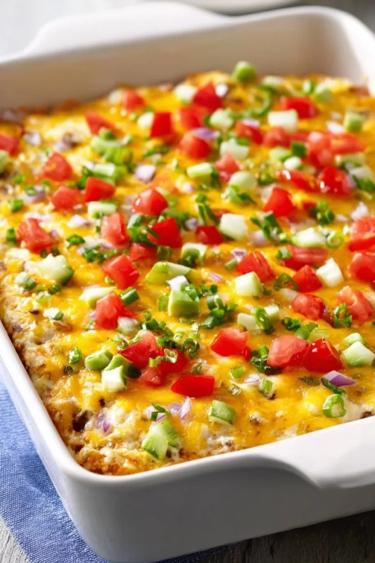 Delicious burrito casserole topped with cheese and fresh ingredients