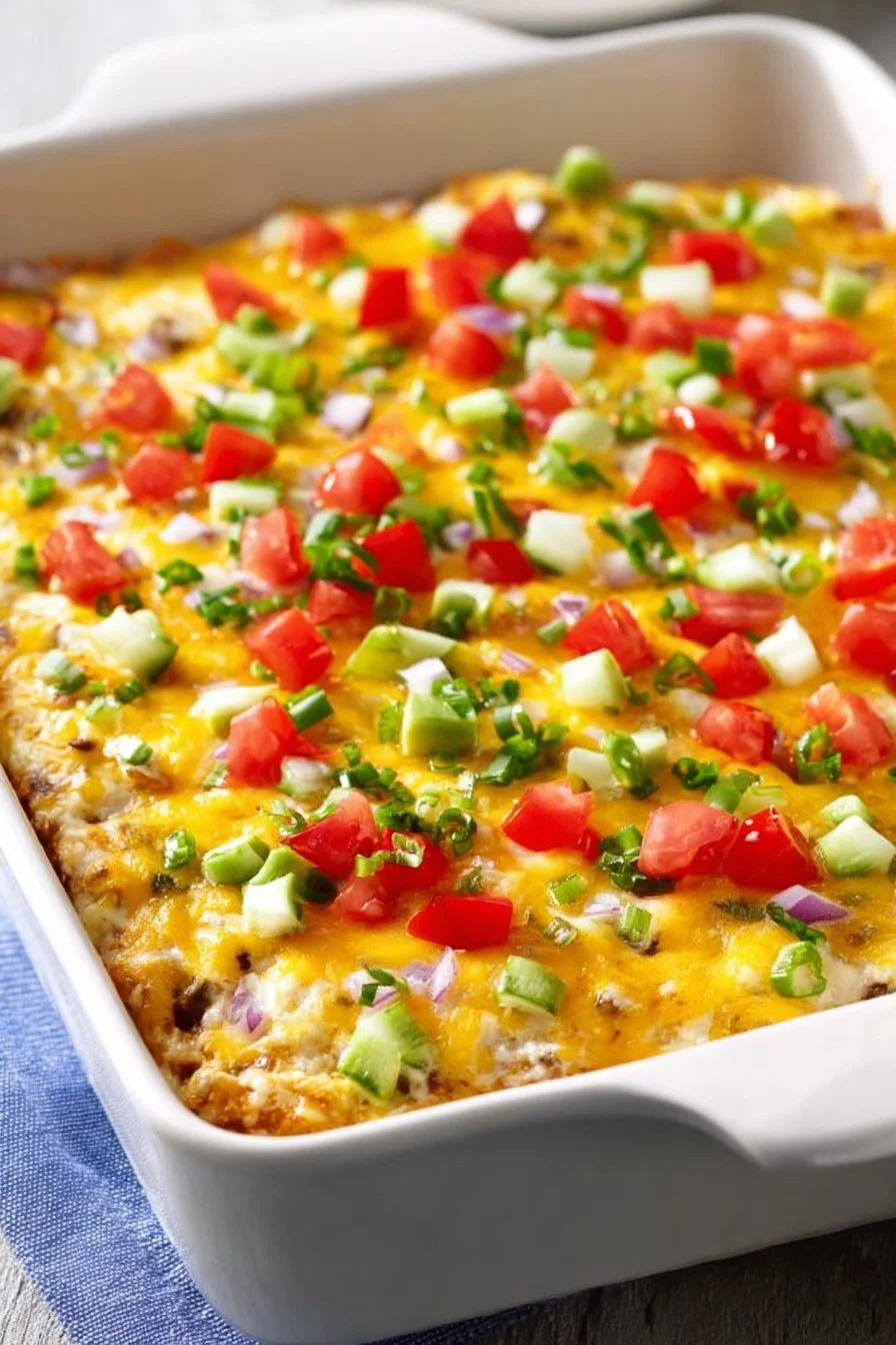 Delicious burrito casserole topped with cheese and fresh ingredients