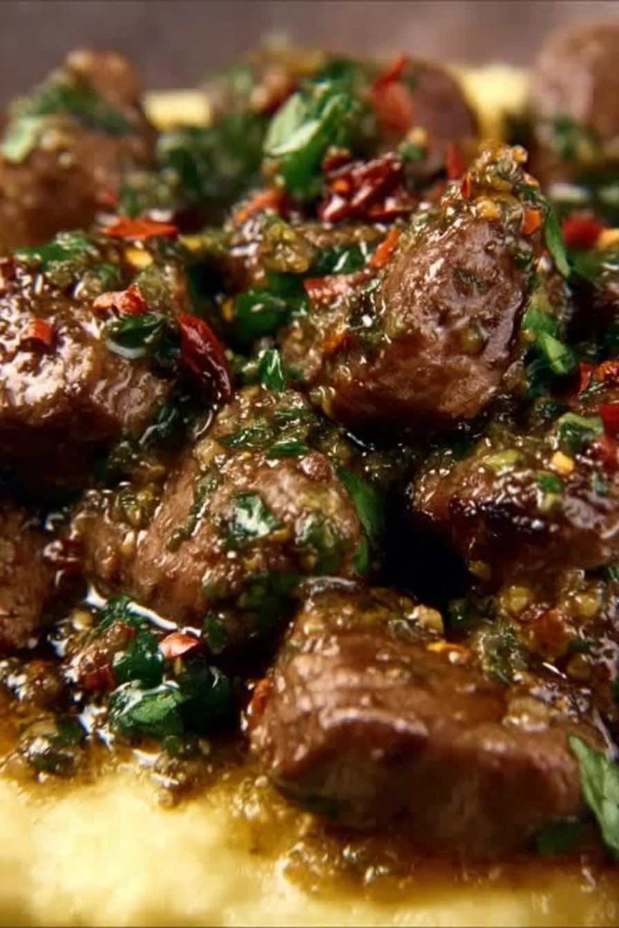 Delicious butter garlic steak bites served with creamy mashed potatoes