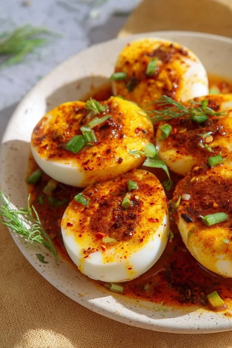 Cajun Boiled Eggs with spices and herbs on a serving platter