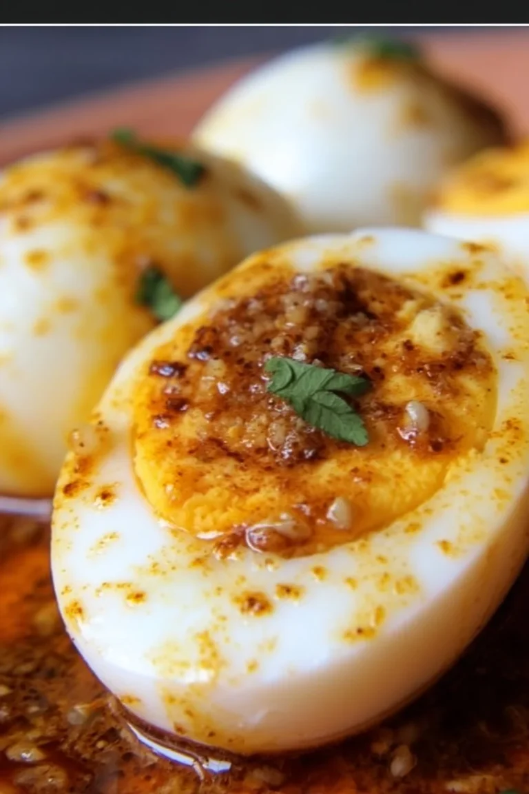 Plate of Cajun Boiled Eggs with spices and seasoning