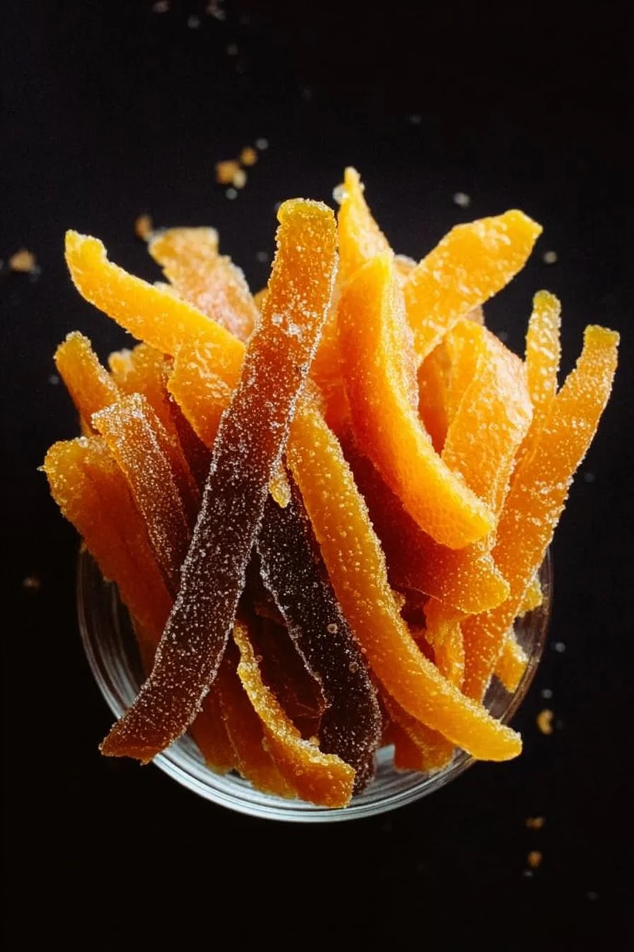 Homemade candied orange peel in a decorative bowl