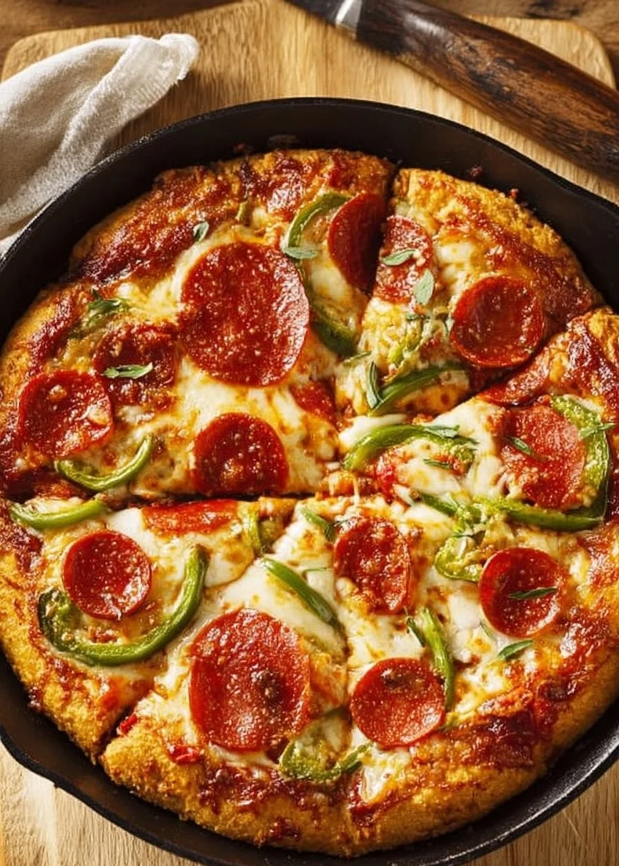 Delicious cast iron skillet pizza with crispy crust and fresh toppings.