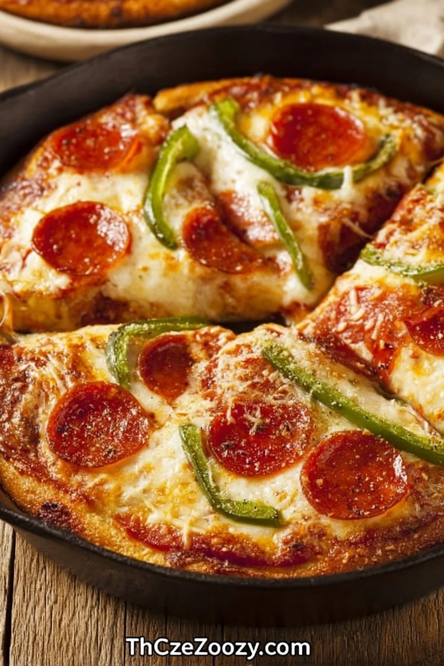 Homemade cast iron skillet pizza topped with cheese and fresh basil.