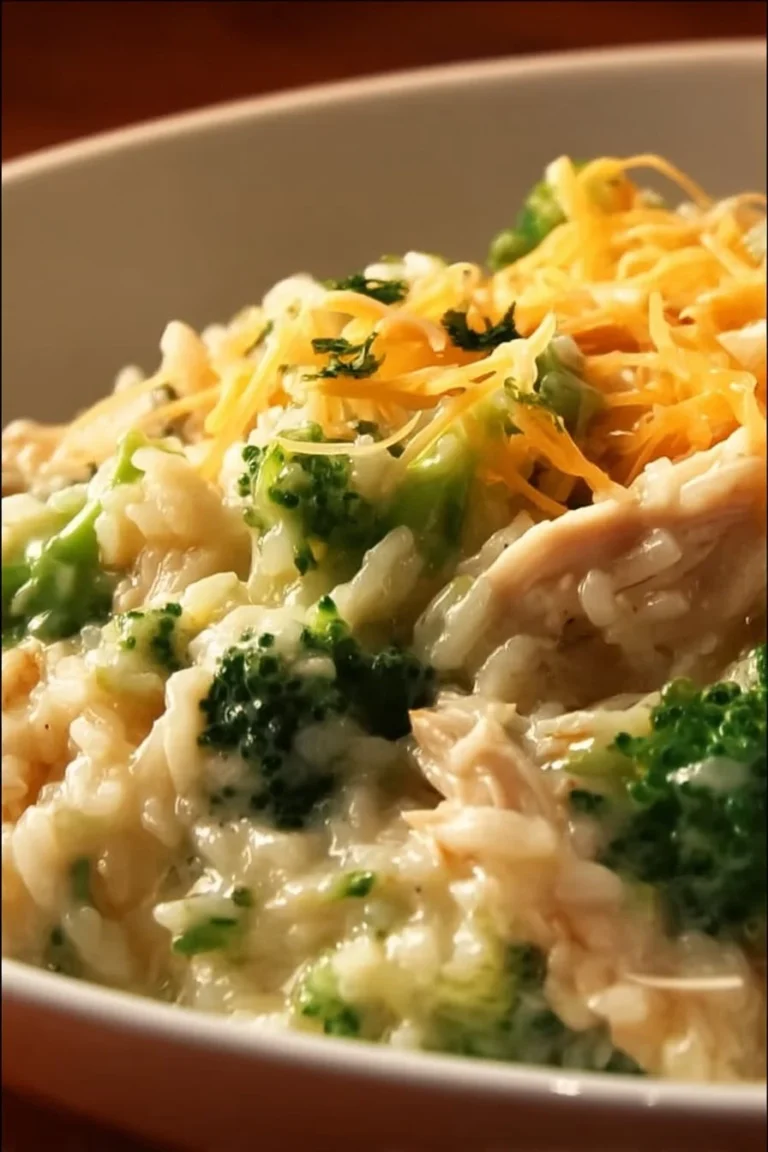 Cheesy chicken and rice with broccoli, a creamy and flavorful dish.