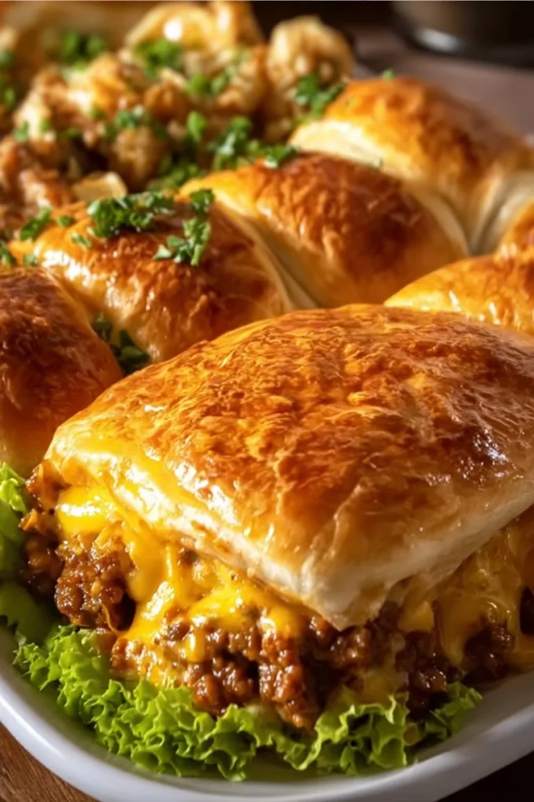 Cheesy Crescent Roll Cheeseburger served on a plate with toppings