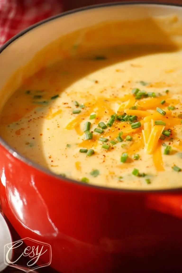 Delicious bowl of cheesy potato soup topped with cheese and herbs