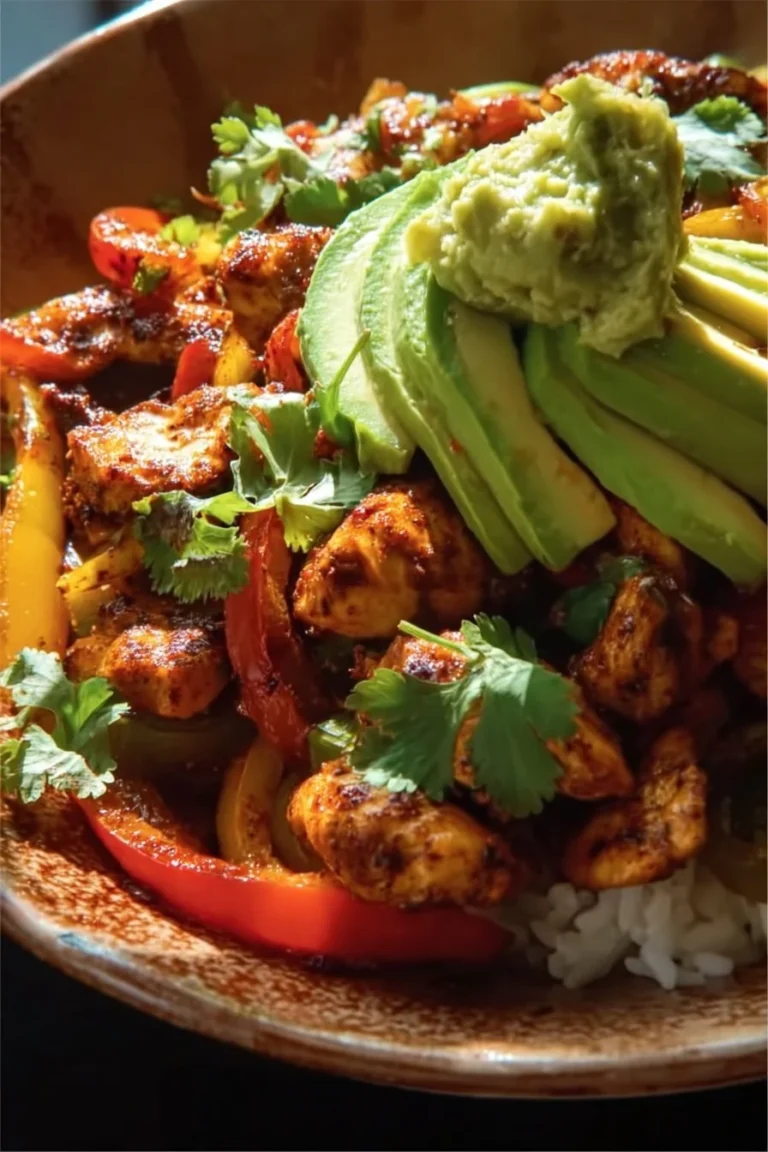 Delicious chicken fajita bowl with colorful veggies and toppings.