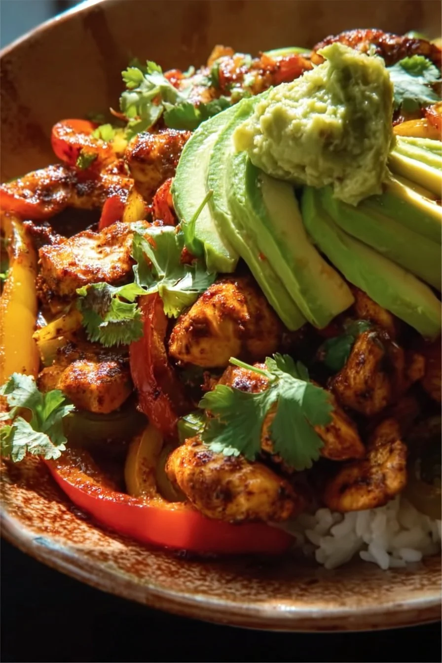 Delicious chicken fajita bowl with colorful veggies and toppings.