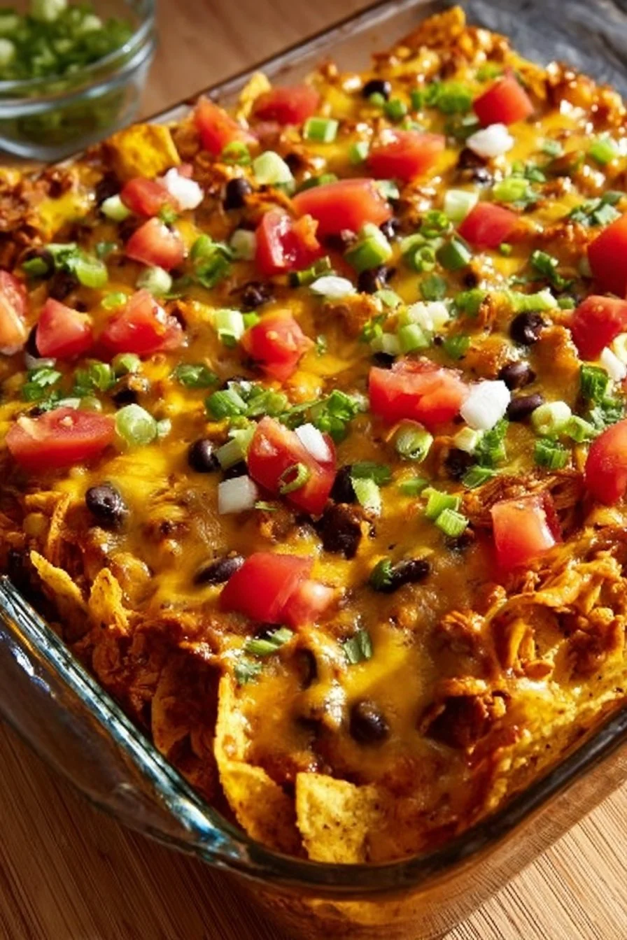 Cheesy Chicken Taco Casserole topped with fresh ingredients