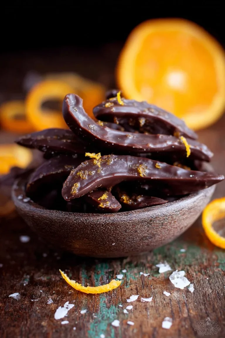 Delicious chocolate covered orange peels on a decorative plate.