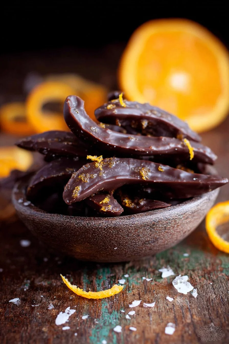 Delicious chocolate covered orange peels on a decorative plate.
