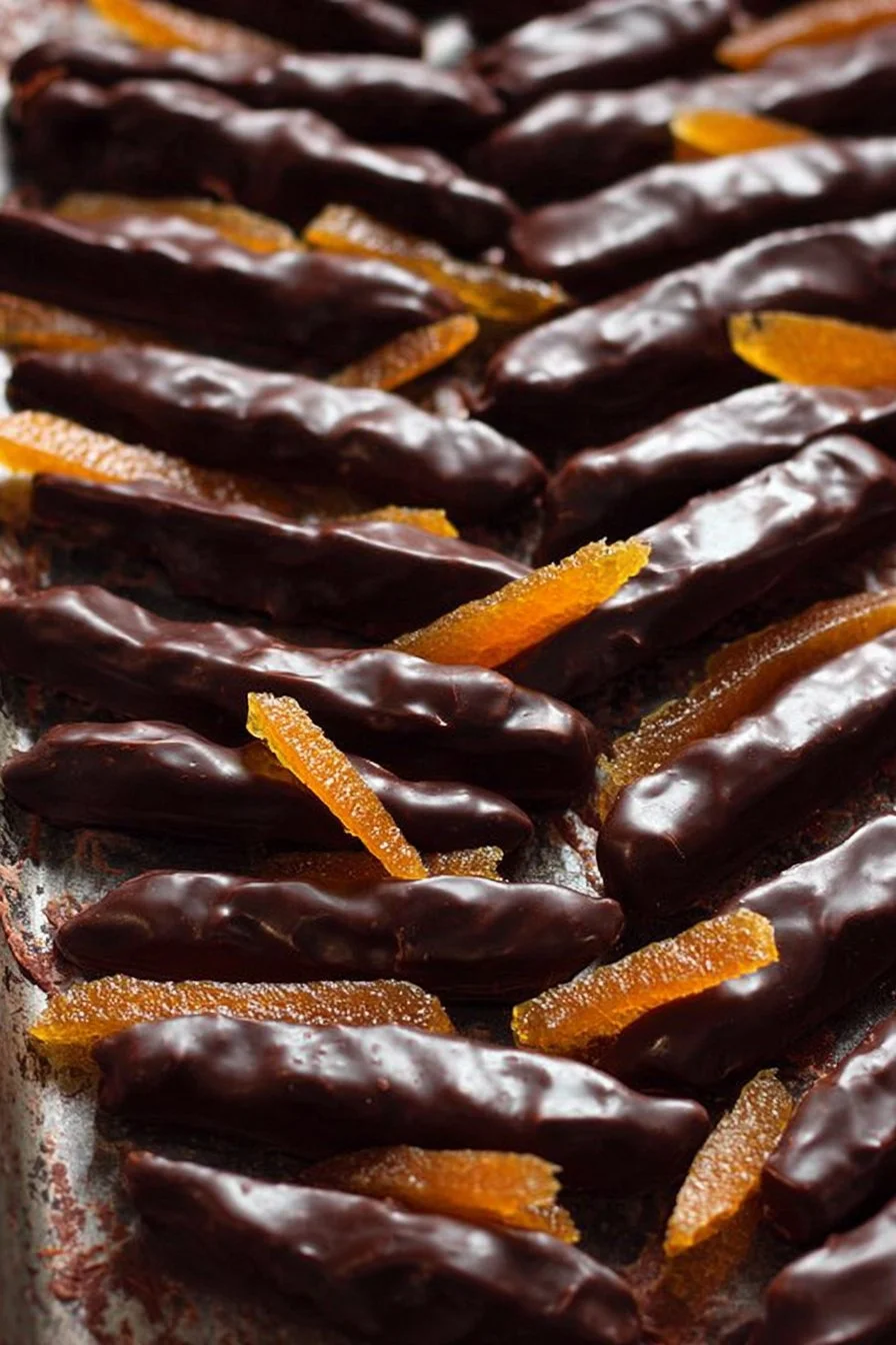 Delicious chocolate-covered orange peels on a white plate