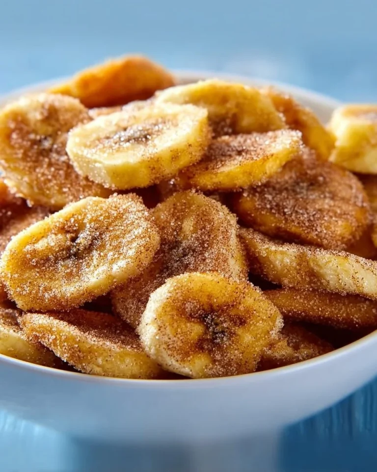 Cinnamon-sugar air fryer banana chips snack prepared in a bowl.