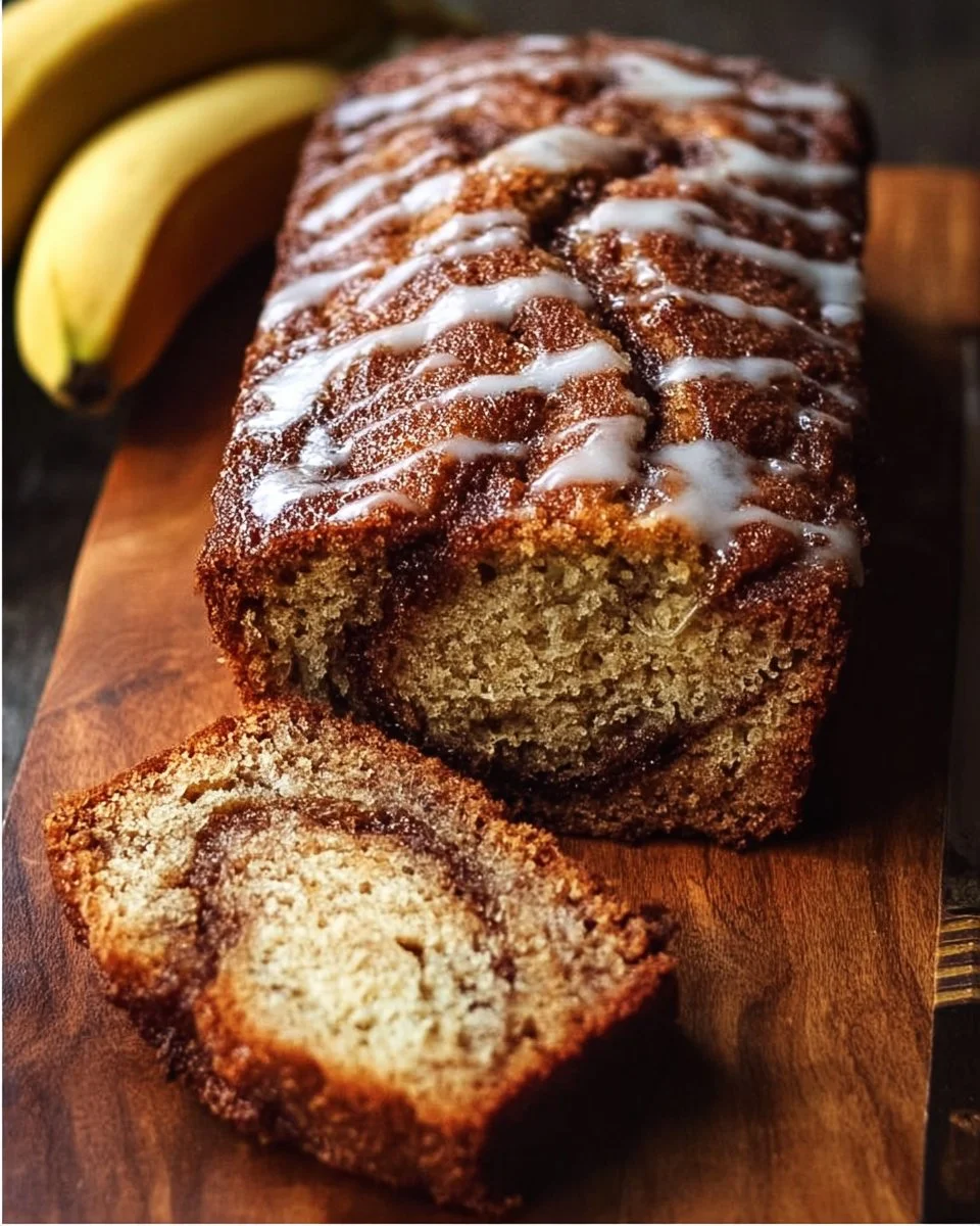Cinnamon Swirl Banana Bread fresh out of the oven, showcasing its moist texture and swirls.