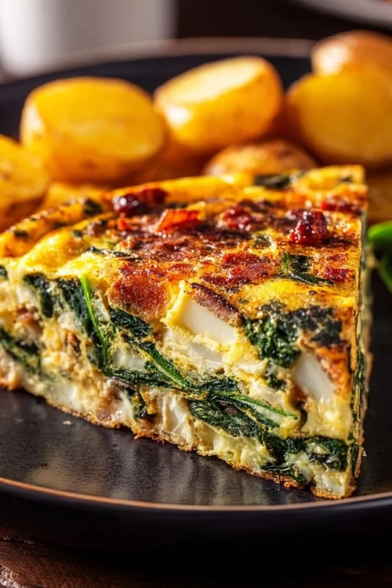 Classic bacon frittata with eggs, cheese, and crispy bacon served on a plate.