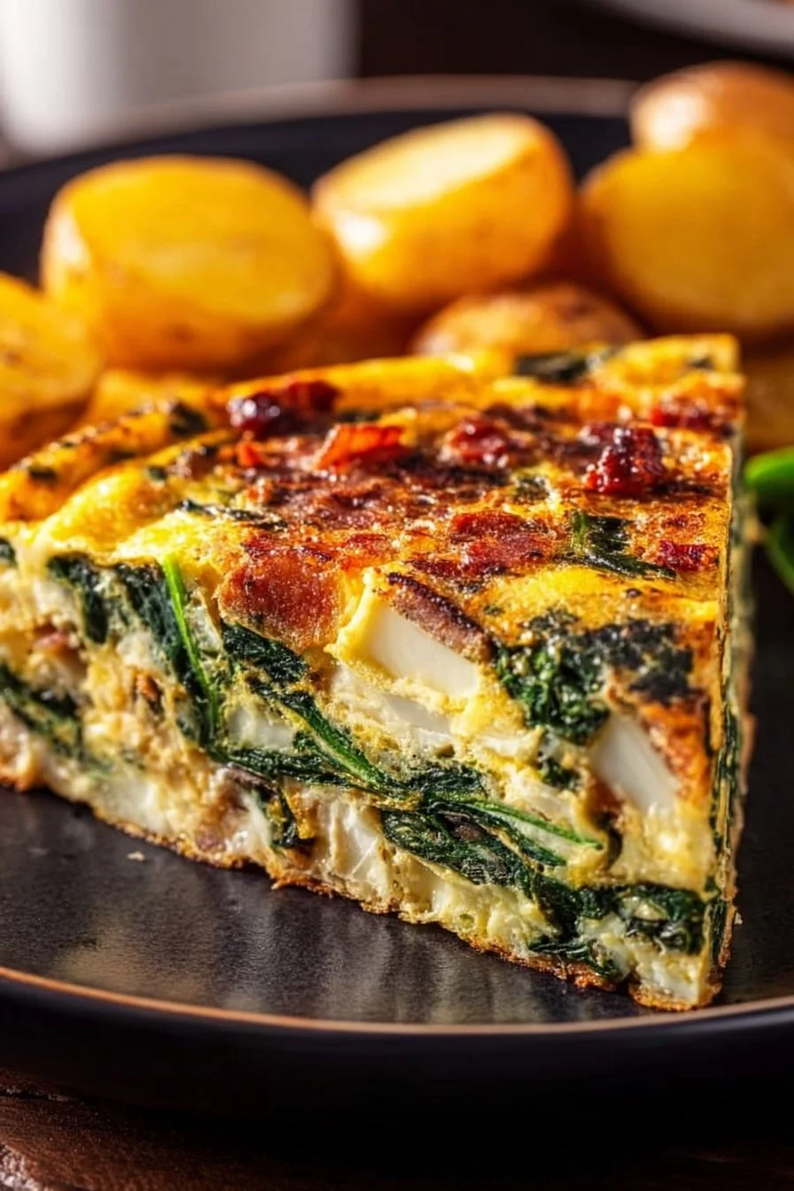 Classic bacon frittata with eggs, cheese, and crispy bacon served on a plate.