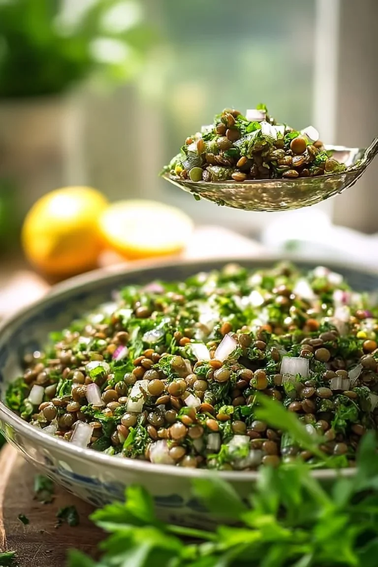 Bowl of Classic Lebanese Lentil Salad with fresh vegetables and herbs