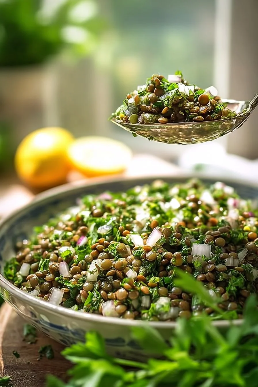 Bowl of Classic Lebanese Lentil Salad with fresh vegetables and herbs
