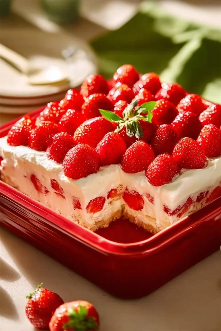Classic No Bake Strawberry Cake served with fresh strawberries and whipped cream