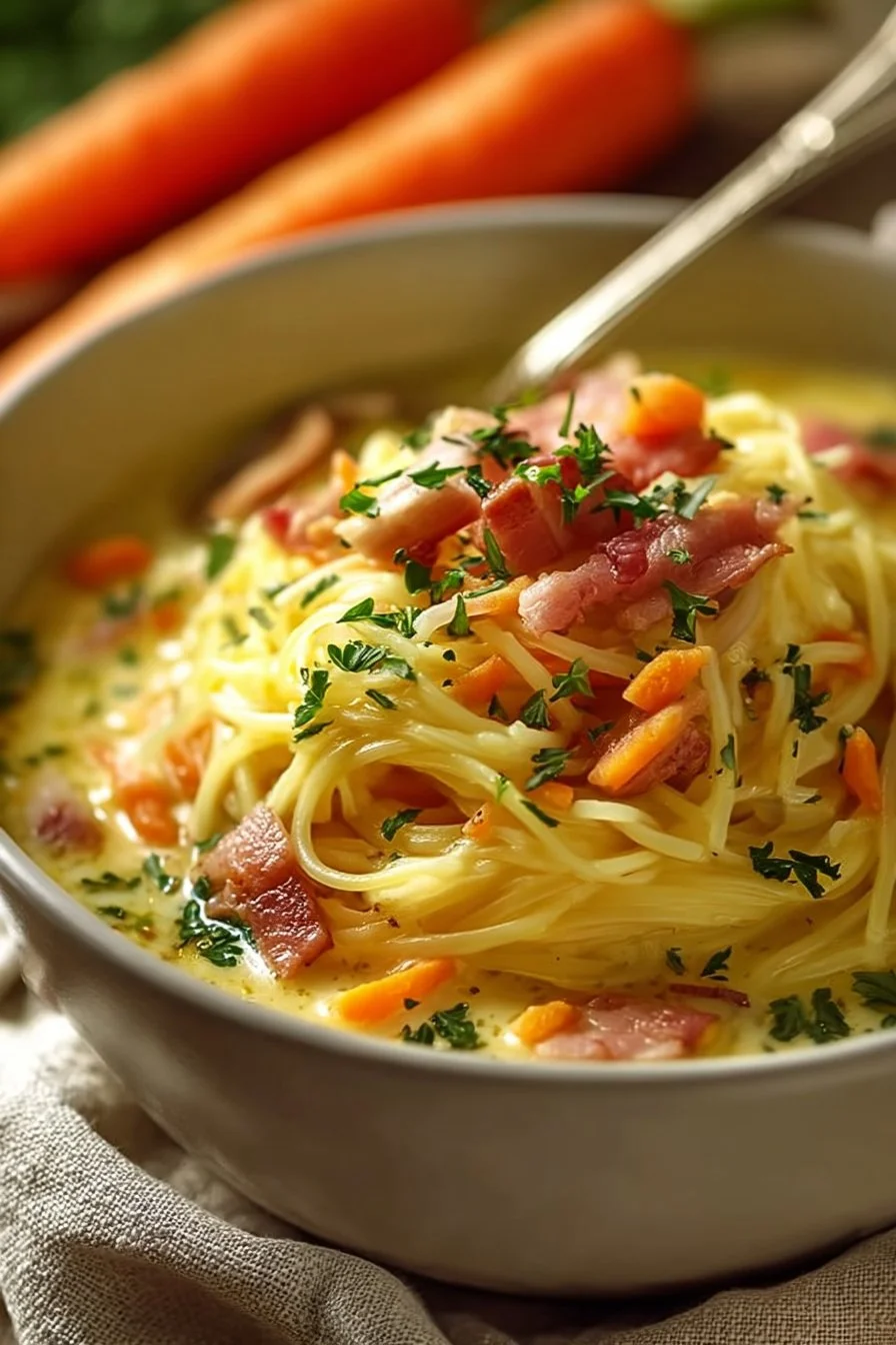 Delicious bowl of Crack Chicken Noodle Soup with chicken, noodles, and herbs
