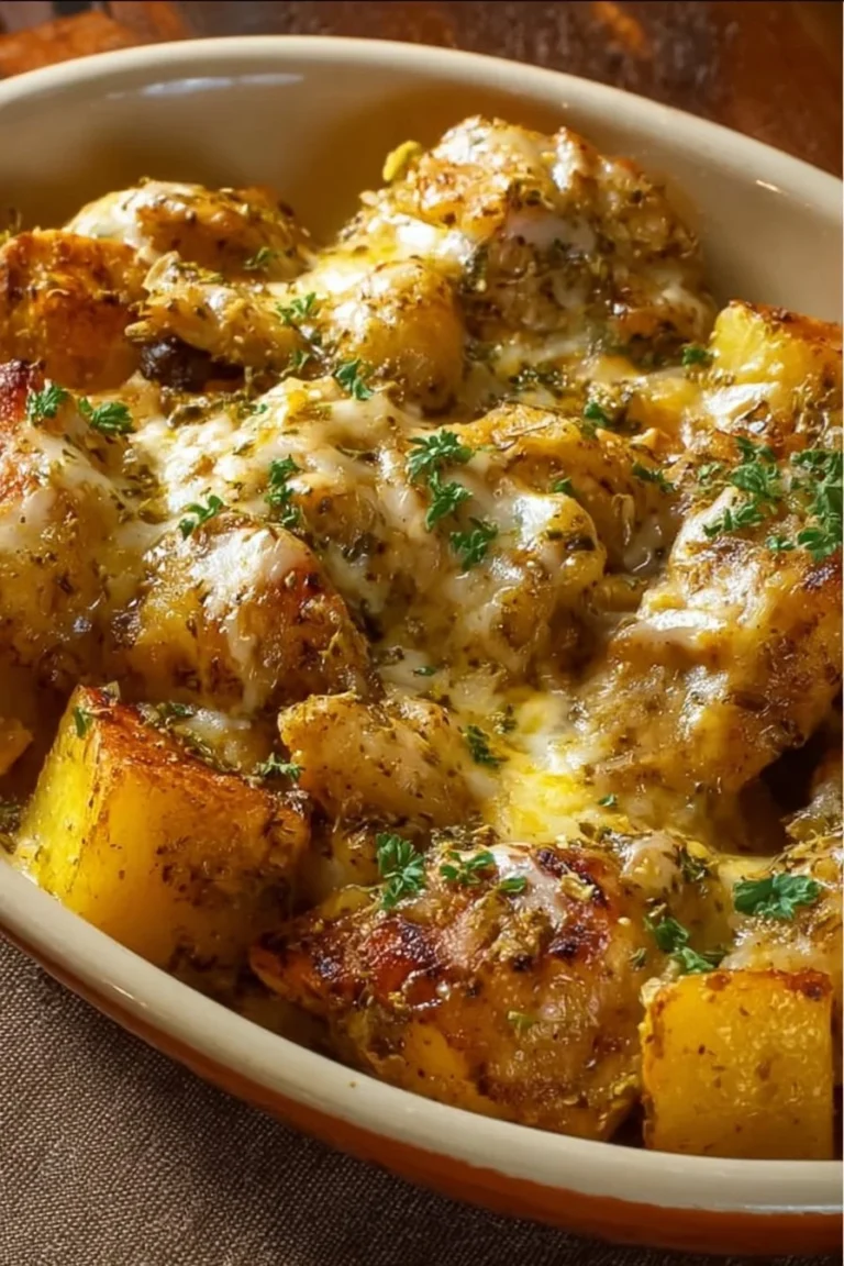Creamy cheesy chicken and potatoes dish served on a plate.
