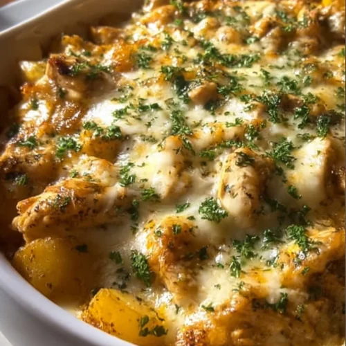 Delicious creamy cheesy chicken dish with potatoes served on a plate