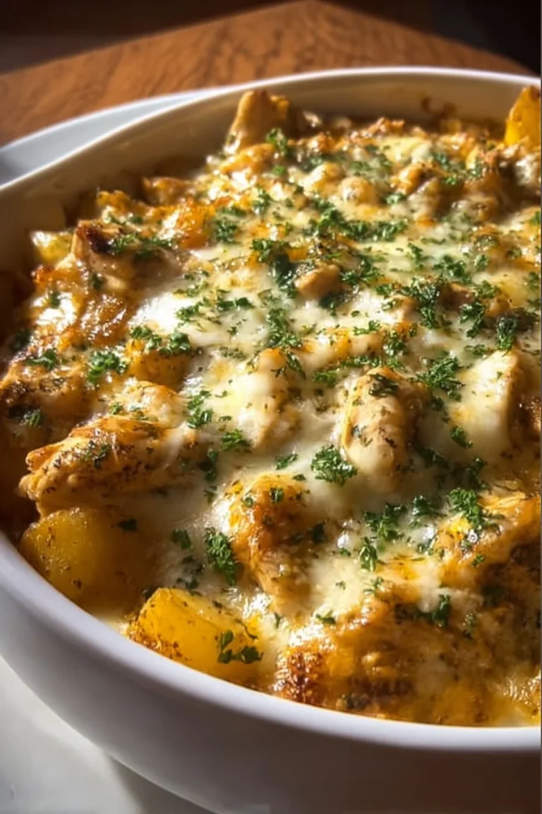 Delicious creamy cheesy chicken dish with potatoes served on a plate