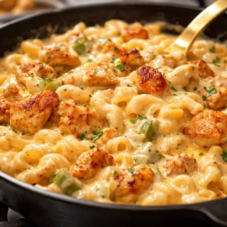 Fajita Chicken Mac ‘n Cheese with creamy cheese, spiced chicken, and colorful veggies.