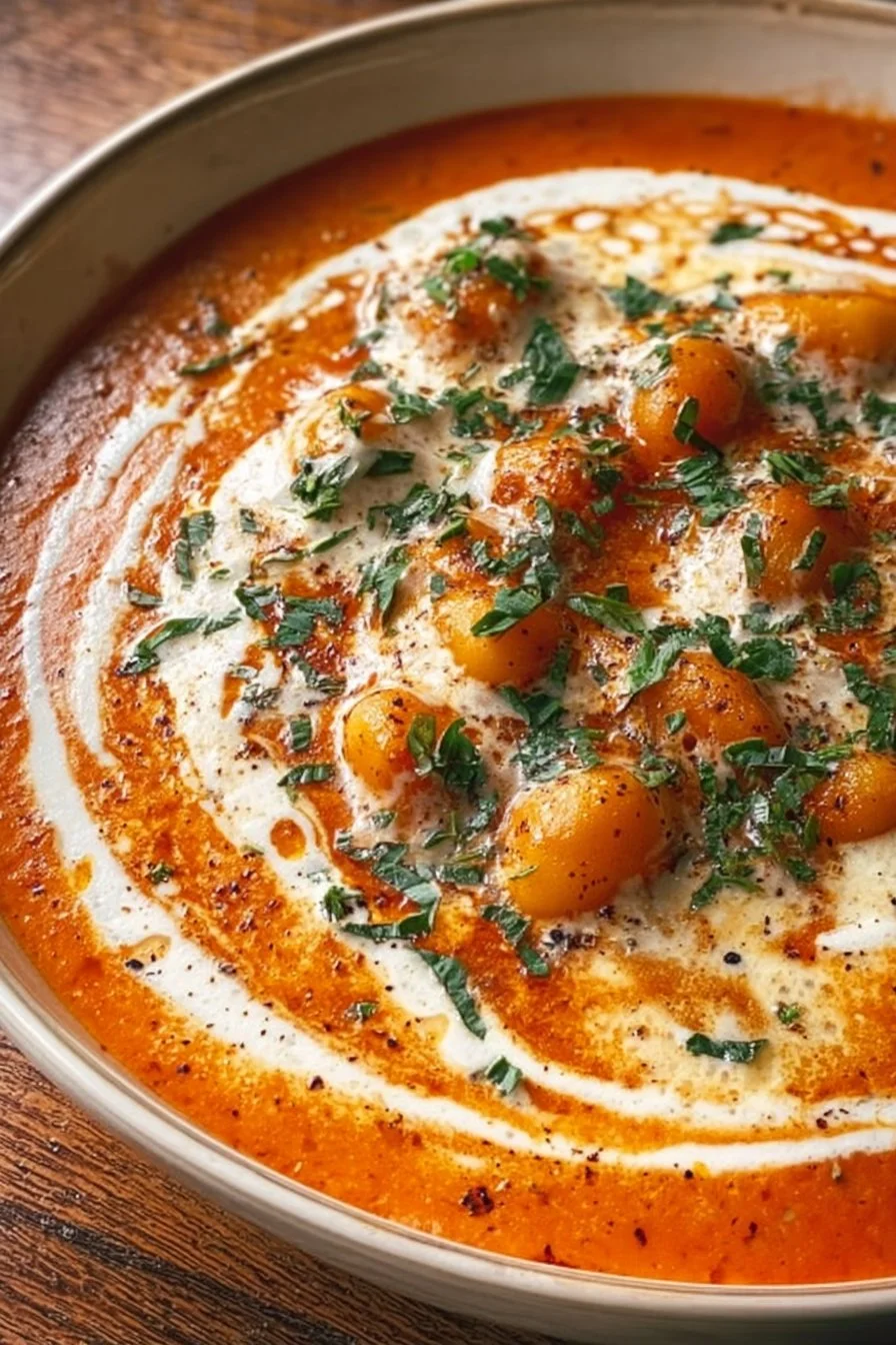 Creamy one pot tomato gnocchi soup in a bowl with fresh herbs.