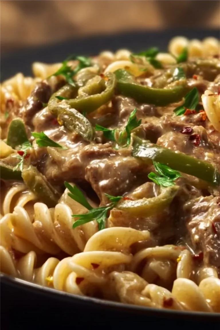 Bowl of creamy Philly Cheesesteak Pasta with peppers and cheese
