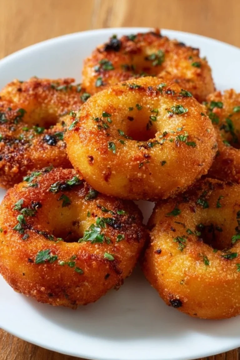 Crispy chicken and potato doughnuts served on a plate