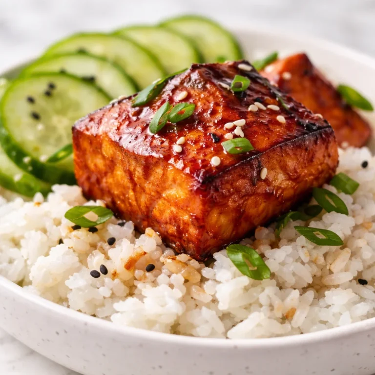 Crispy Salmon and Rice Bowl with fresh veggies and creamy sauce in a wooden bowl.