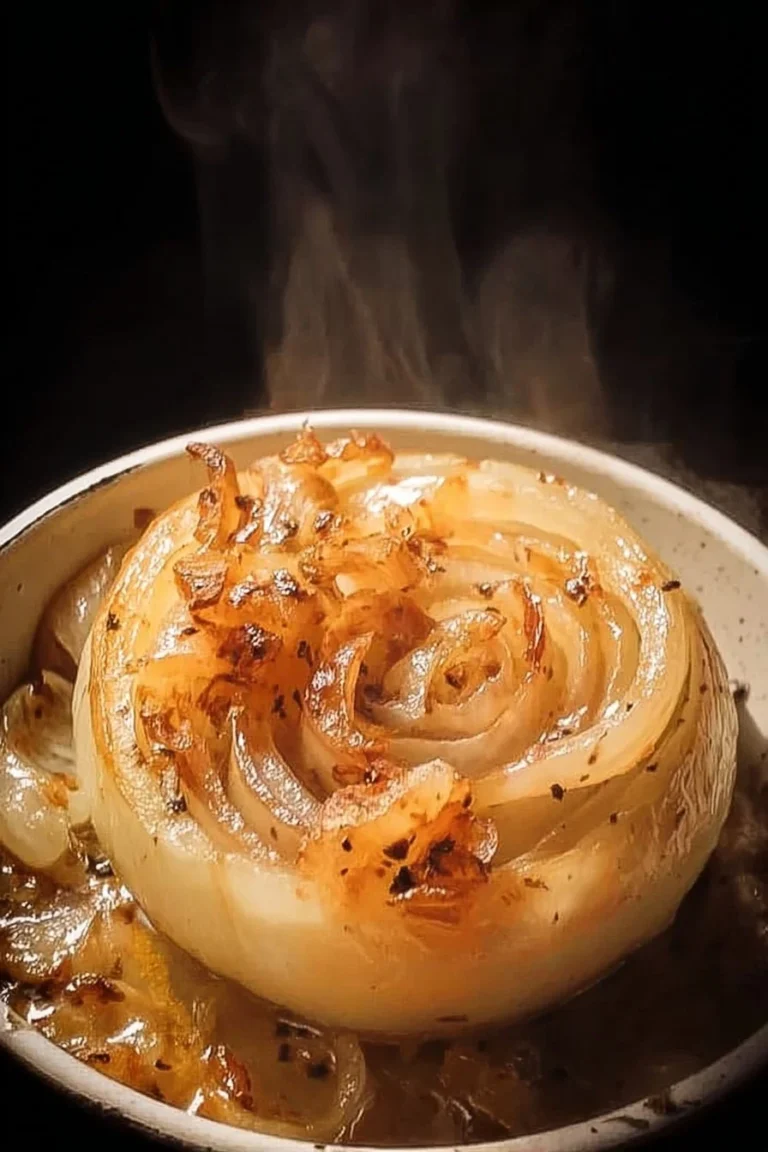 A close-up of a delicious onion boil served in a bowl with herbs and spices