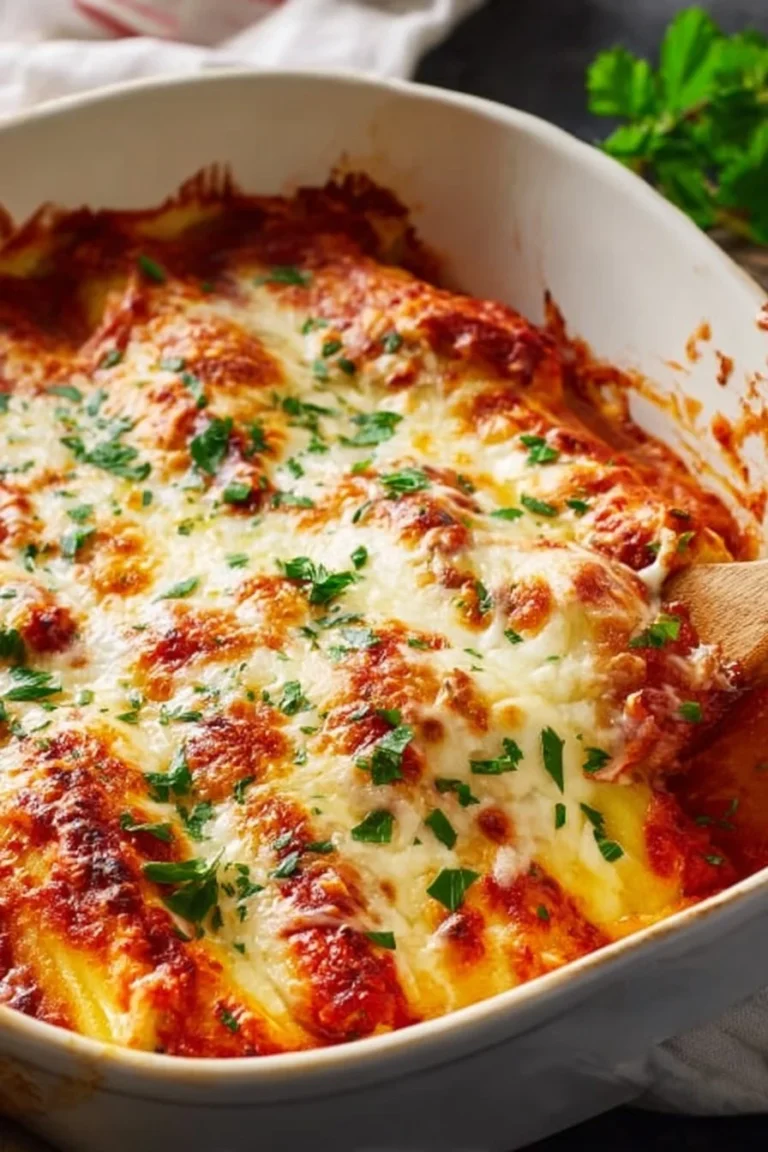 Easy manicotti served in a baking dish with cheese and marinara sauce