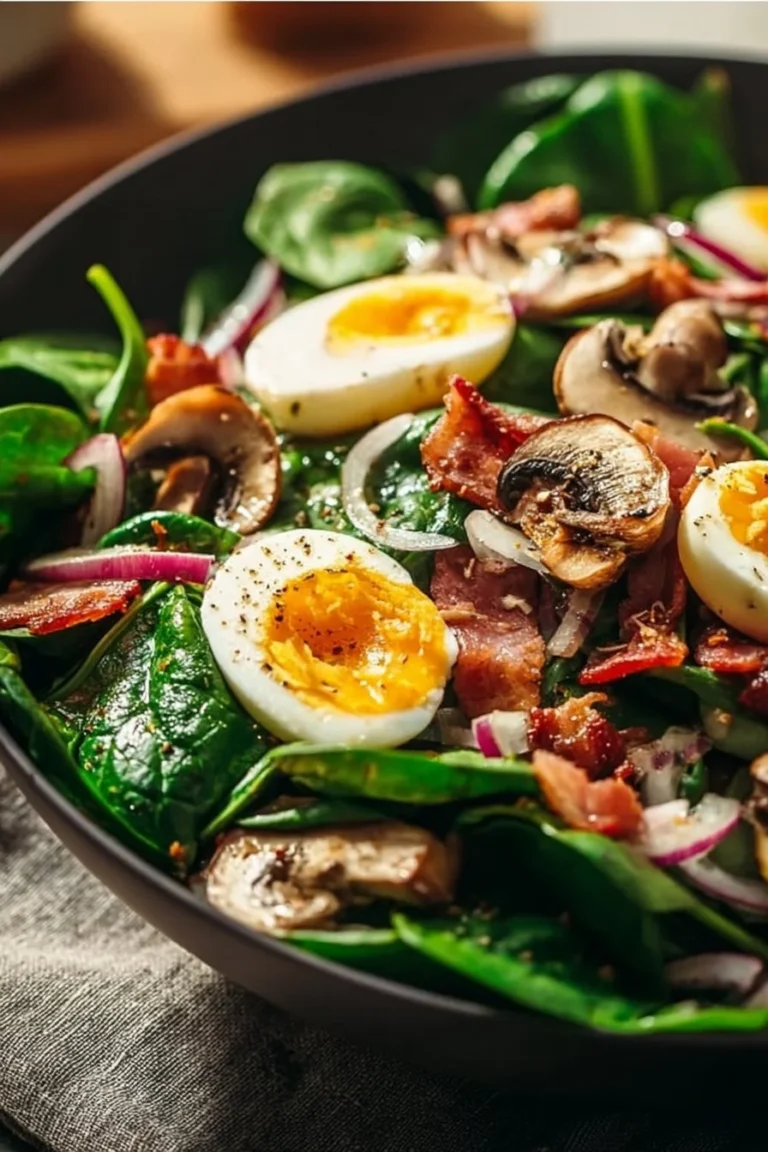 Easy spinach salad topped with warm bacon dressing for a healthy meal