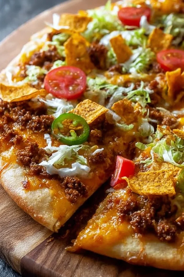 Delicious easy taco pizza topped with cheese, lettuce, and tomatoes