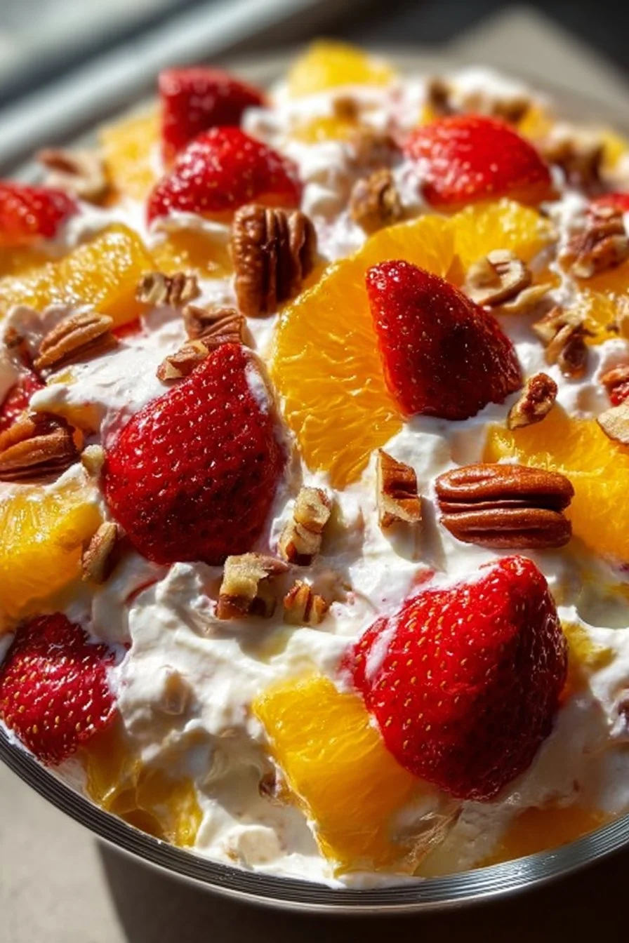 Colorful and creamy Fruit Fluff Salad served in a bowl with fresh fruits