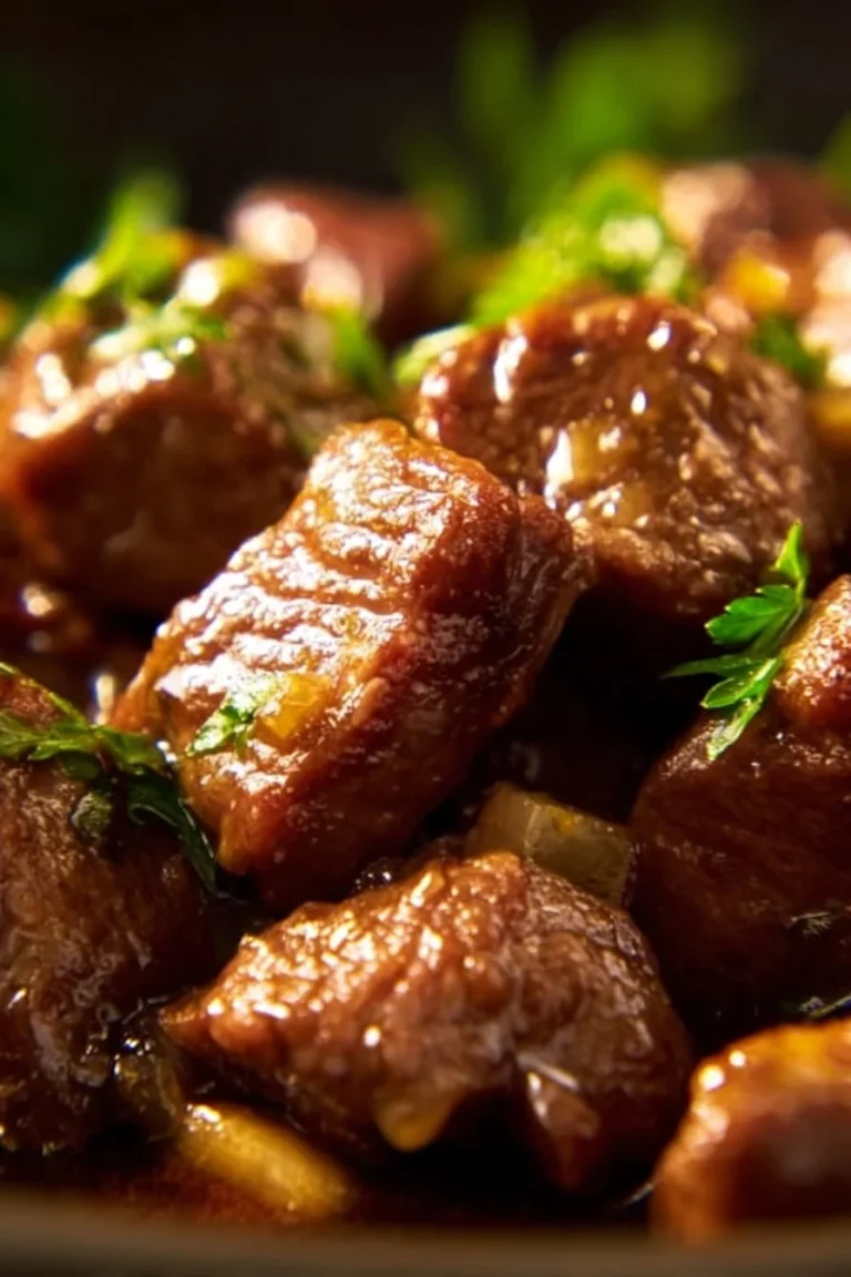 Delicious garlic butter steak bites sizzling in a pan