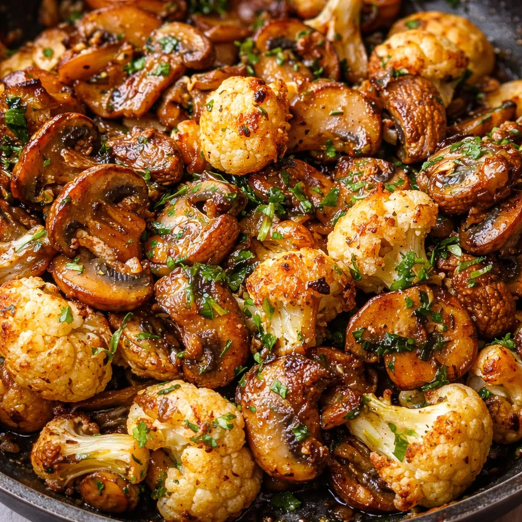 Garlic Cauliflower Mushroom Skillet healthy veggie one-pan recipe.