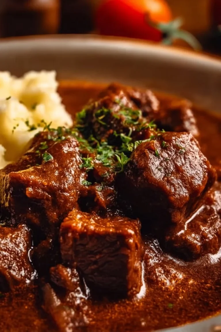 A plate of delicious German Goulash with meat, potatoes, and spices
