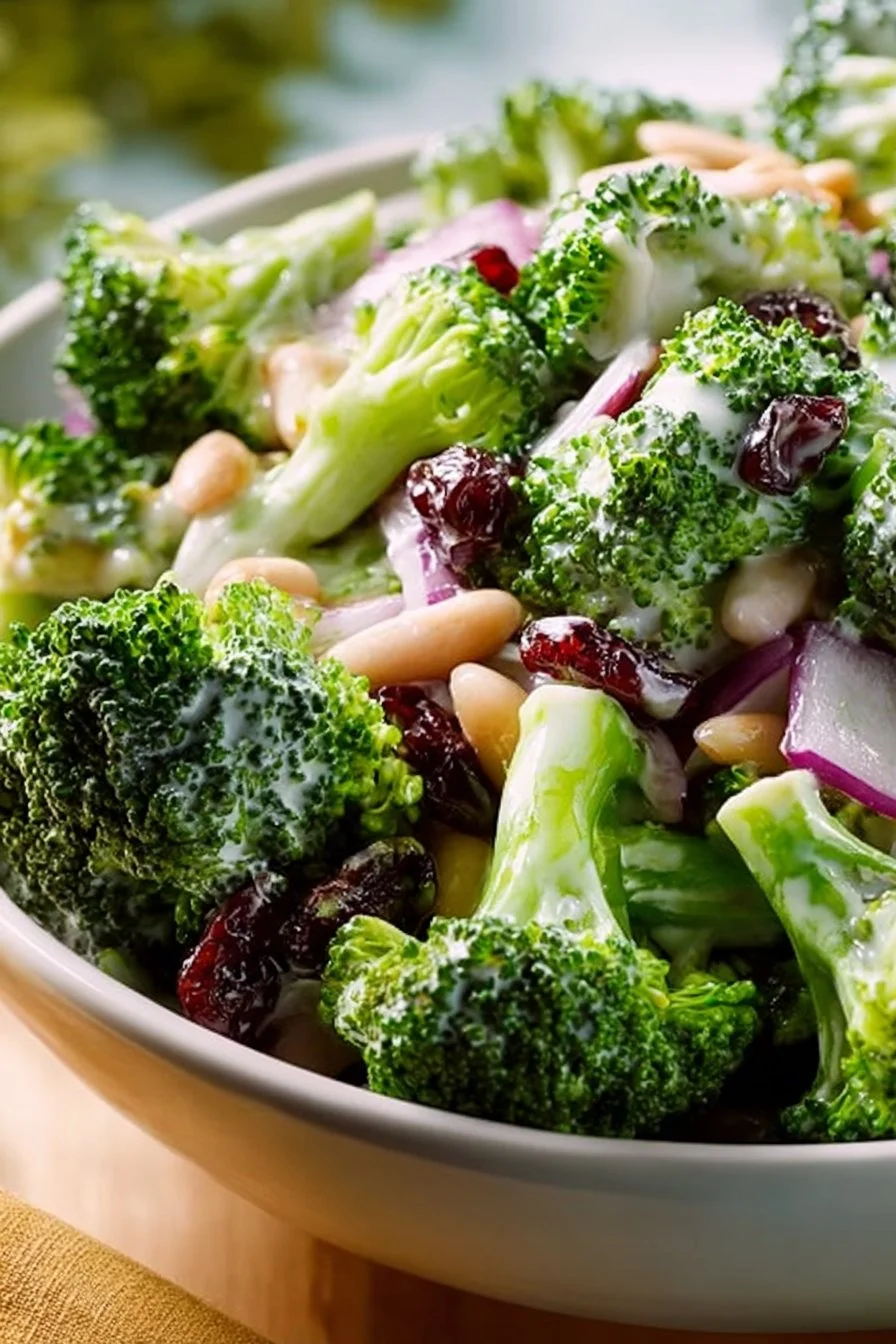 Delicious gluten and dairy free broccoli salad served in a bowl